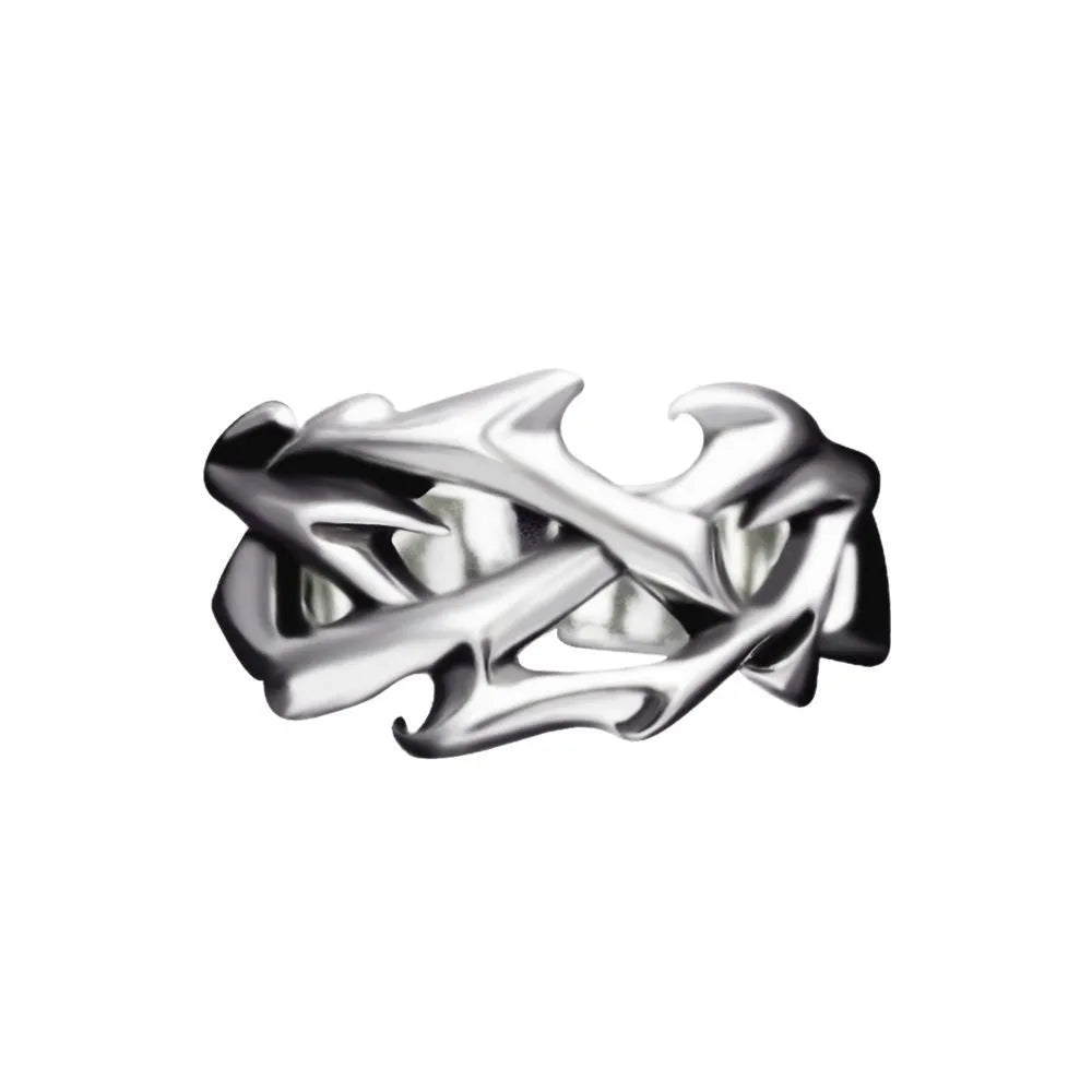 Adjustable copper thorn flower ring with geometric design and flexible opening