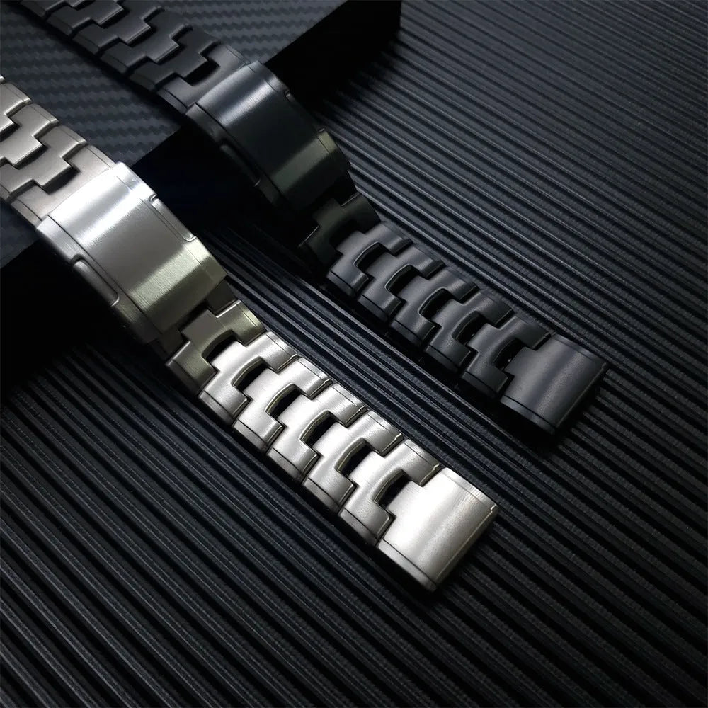 Simple replacement watch strap for Garmin Jiaming and Fenix models in black, silver, and titanium colour.