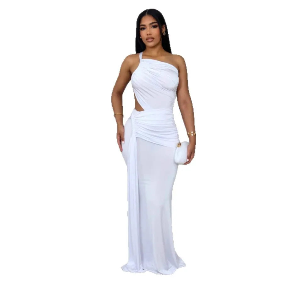 Women's solid colour one-shoulder pleated dress in milk silk polyester fabric