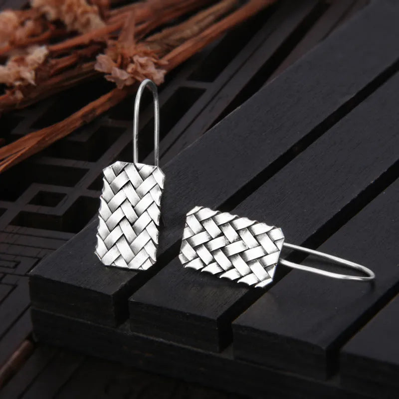 Silver geometric earrings with diamond plaid woven pattern, 17.5mm length