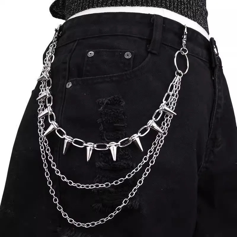 Silver metal pants chain with dark punk rivets measuring 115cm length