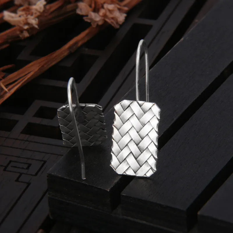 Silver geometric earrings with diamond plaid woven pattern, 17.5mm length