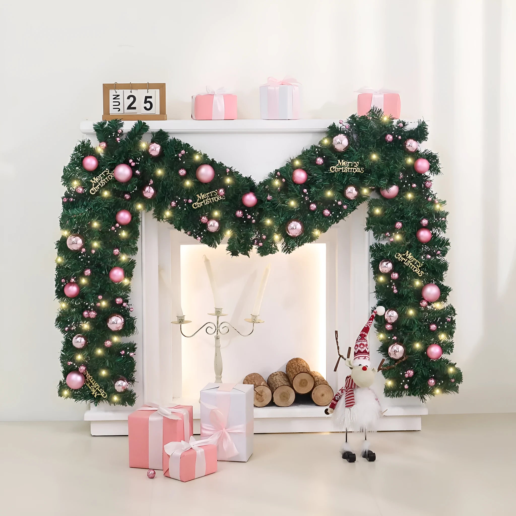 Pink artificial Christmas rattan vine decoration measuring 2.7 metres long with 240 decorative heads