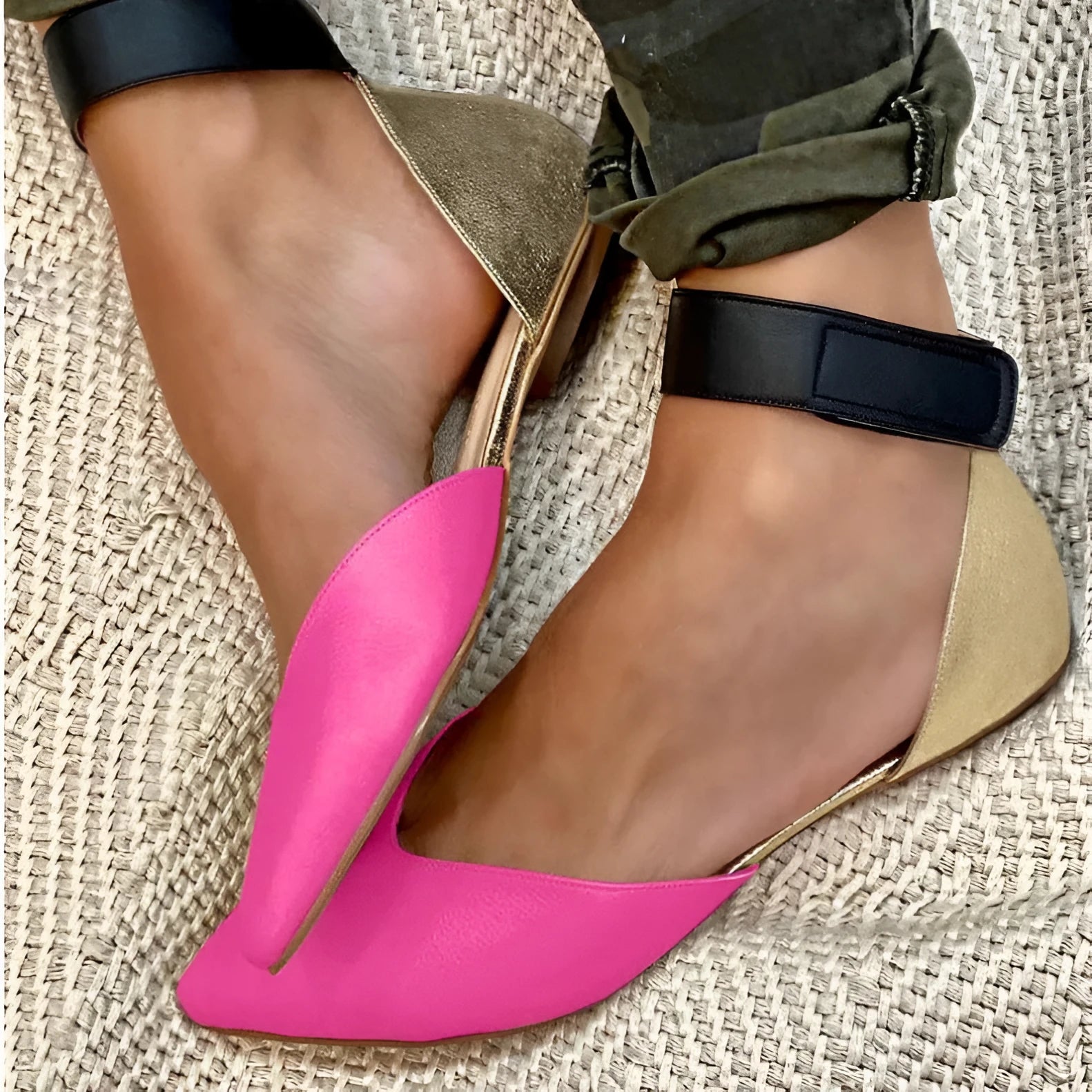 Women's beige casual sandals with Velcro straps and a hollowed pattern on a flat heel.