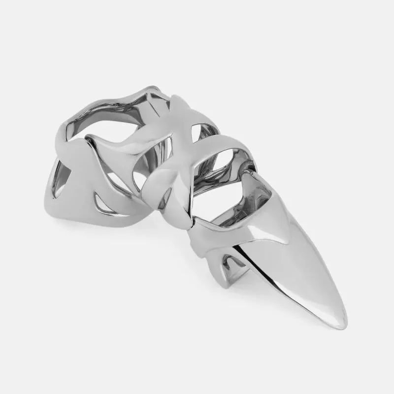 Silver alloy finger stall armour ring with punk styling and full finger coverage