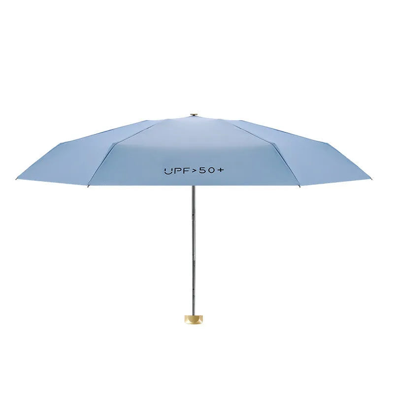 50 Off flat mini pocket sun umbrella folded compactly showing five-fold design and NC fabric canopy