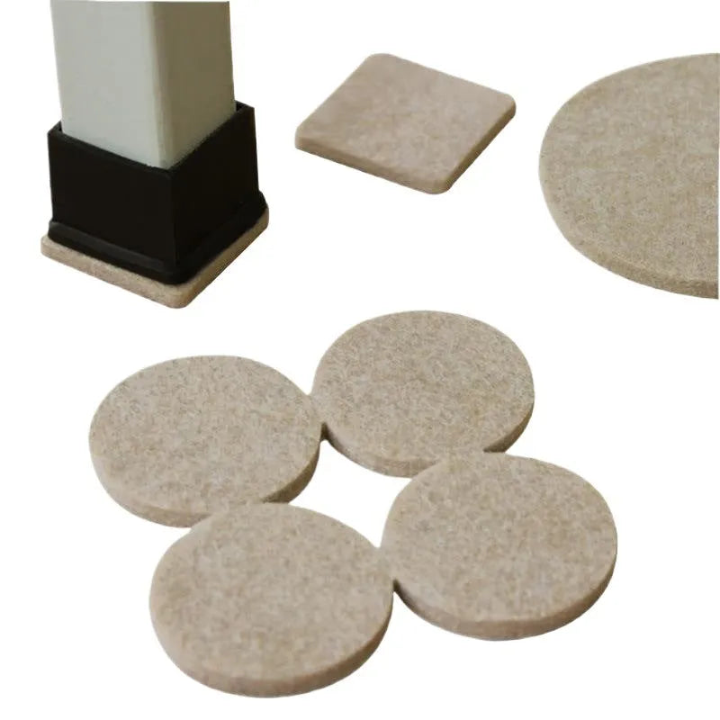 Beige plastic furniture leg protectors showing square and round pads in multiple sizes on a hard floor