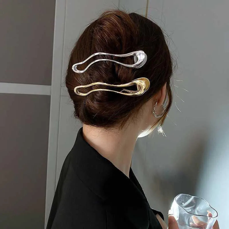 Women's zinc alloy hair barrettes in gold and silver with arc, square and triangle shapes