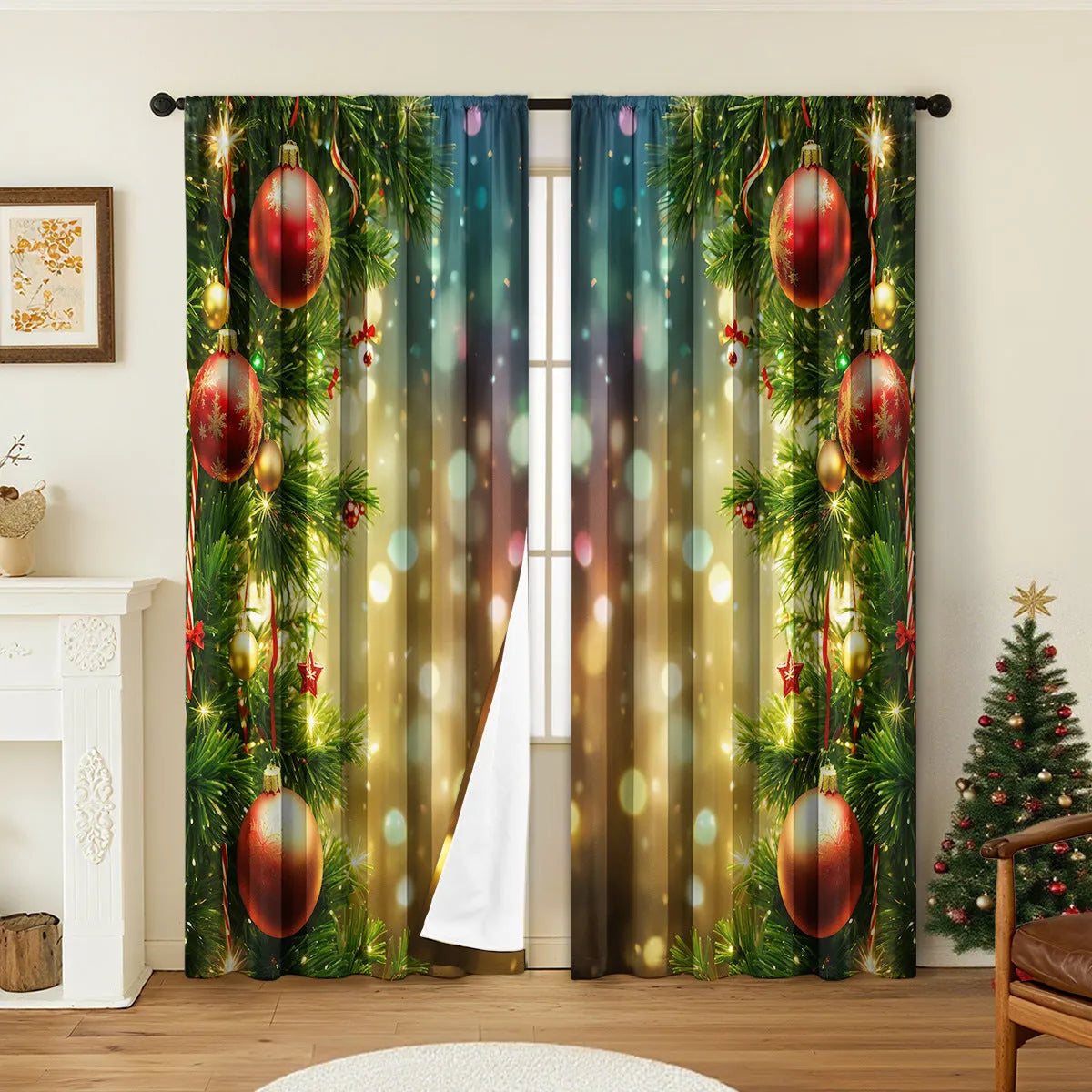 3D printed Christmas curtains with festive designs on polyester fabric, showing European-style patterns