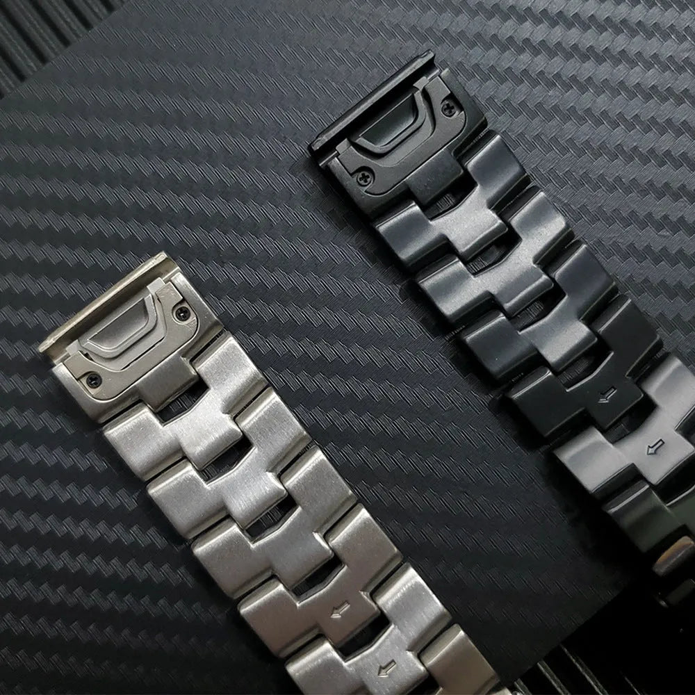 Simple replacement watch strap for Garmin Jiaming and Fenix models in black, silver, and titanium colour.