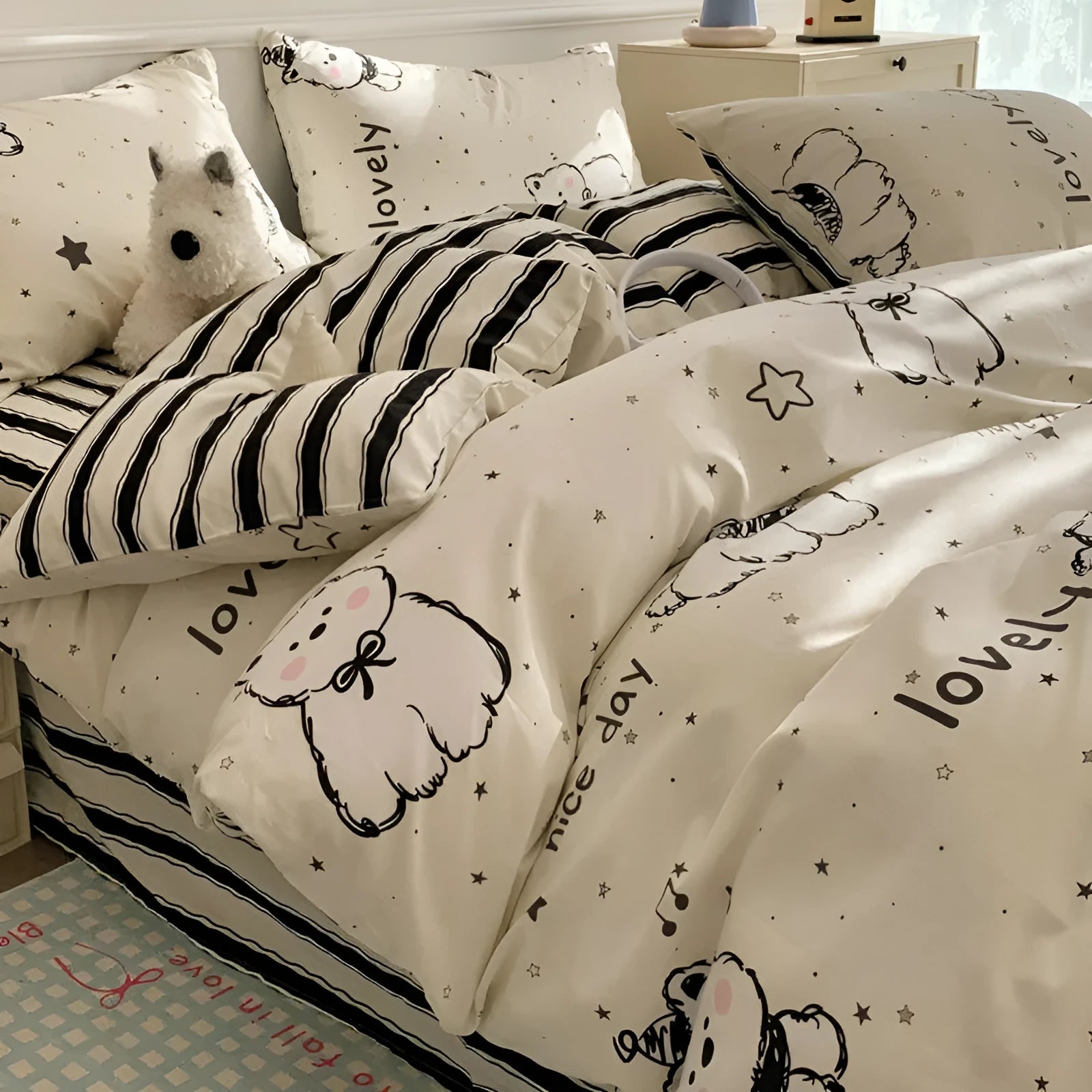 Cartoon dog pattern cotton bedding set with fitted sheet, flat sheet, duvet cover and pillowcases