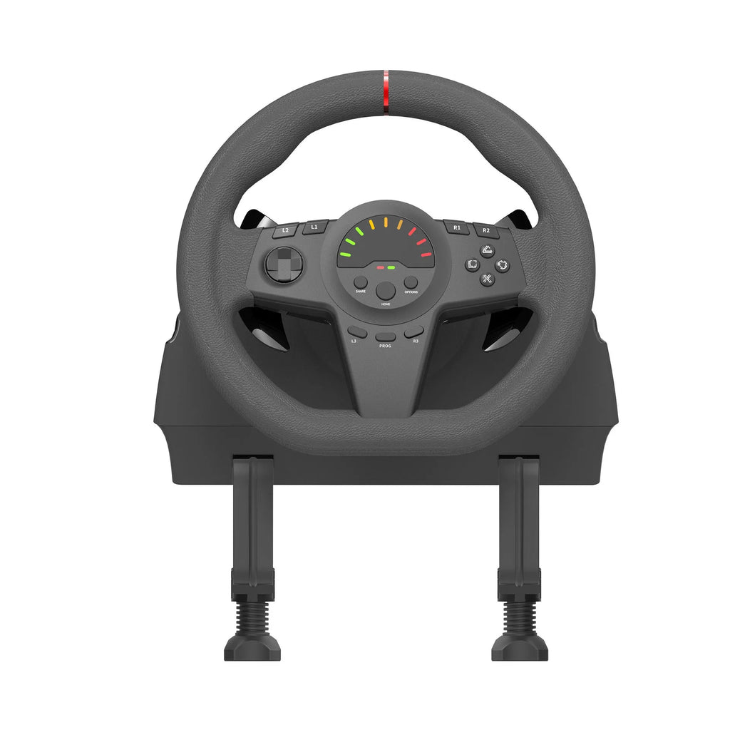 Black USB steering wheel with paddle shifters and LED display, plus two pedals, for multi-platform gaming.