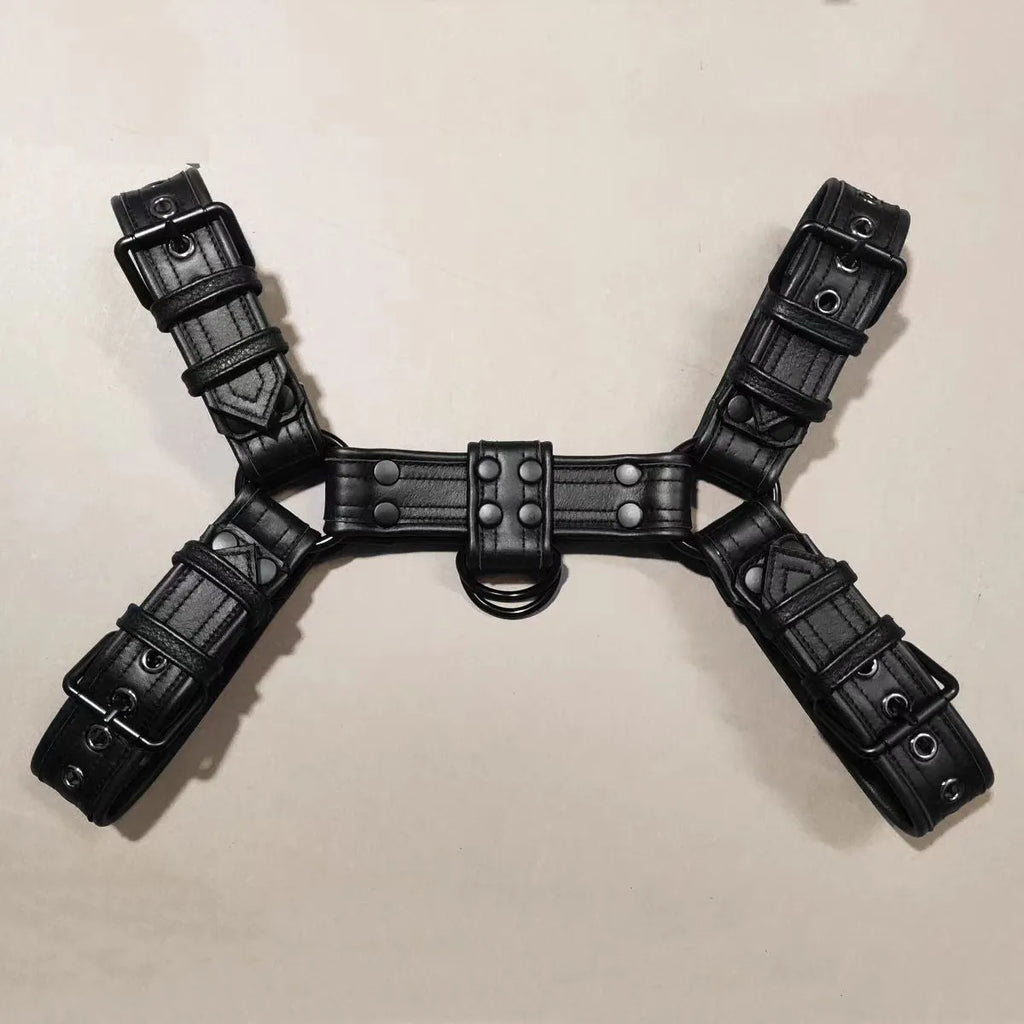 Black leather chest harness strap with metal buckle for men