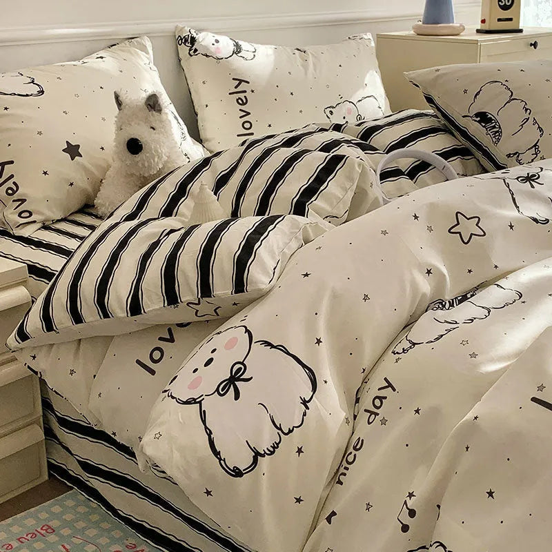 Cartoon dog pattern cotton bedding set with fitted sheet, flat sheet, duvet cover and pillowcases