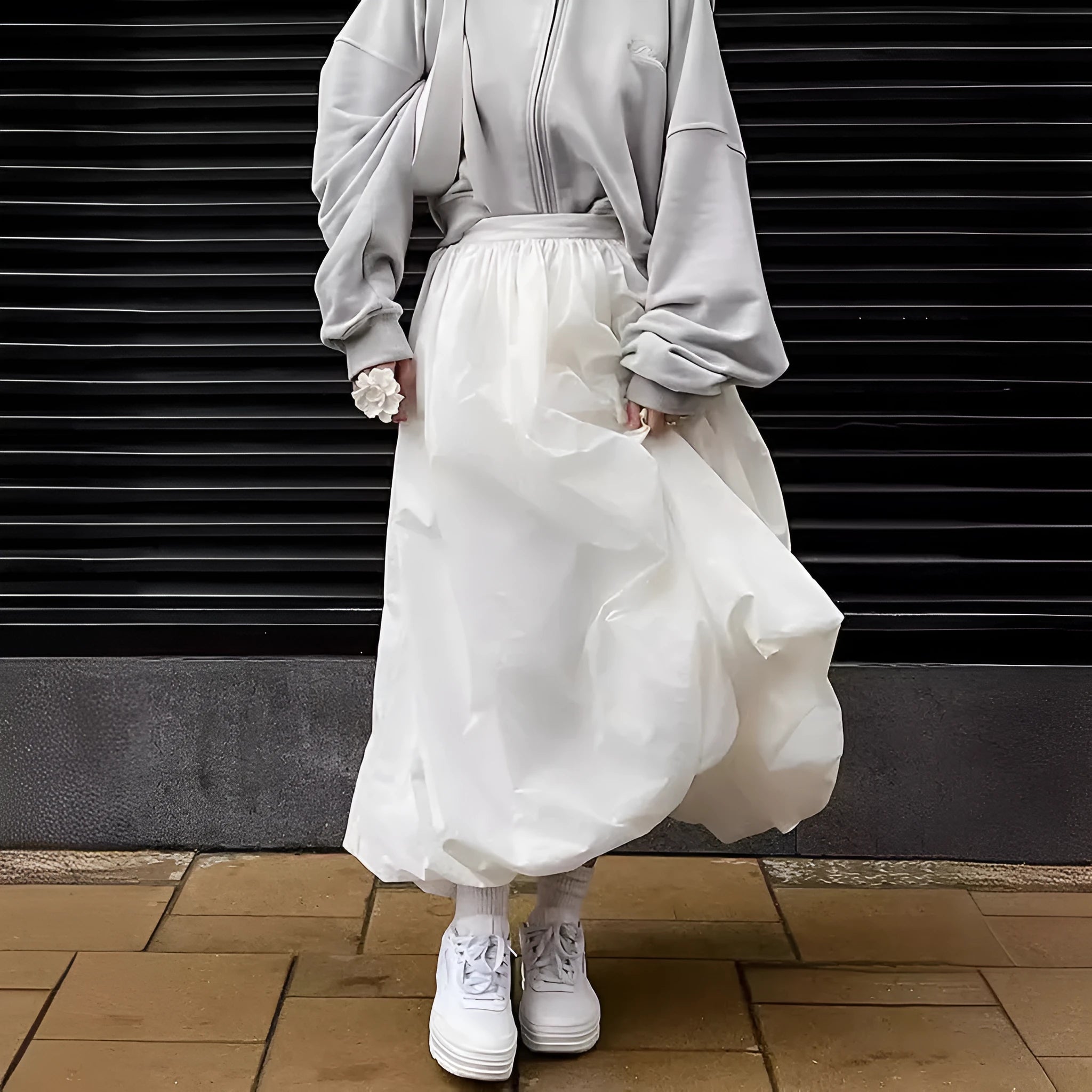 Women's solid colour cotton long skirt in black and white options with Asian sizing