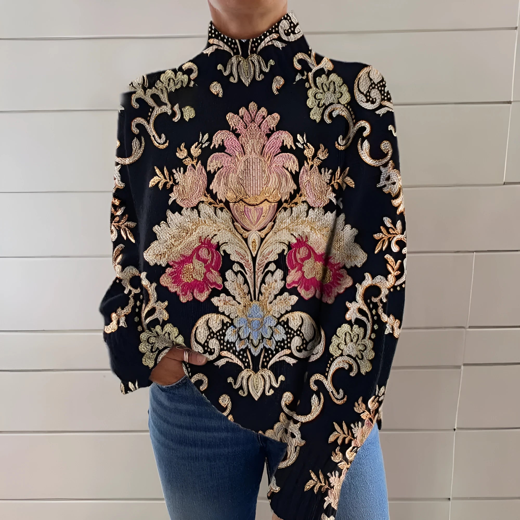 Black 3D pattern printed turtleneck sweater with loose fit and regular sleeves