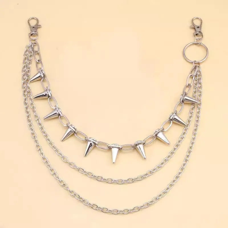 Silver metal pants chain with dark punk rivets measuring 115cm length