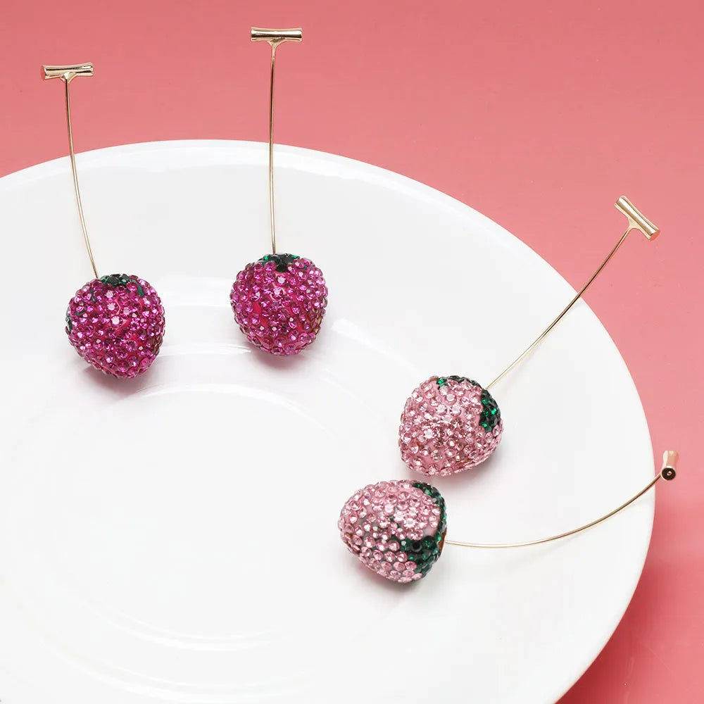 Zinc alloy strawberry-shaped drop earrings with spot drill detail in red, pink, purple, and champagne colours.