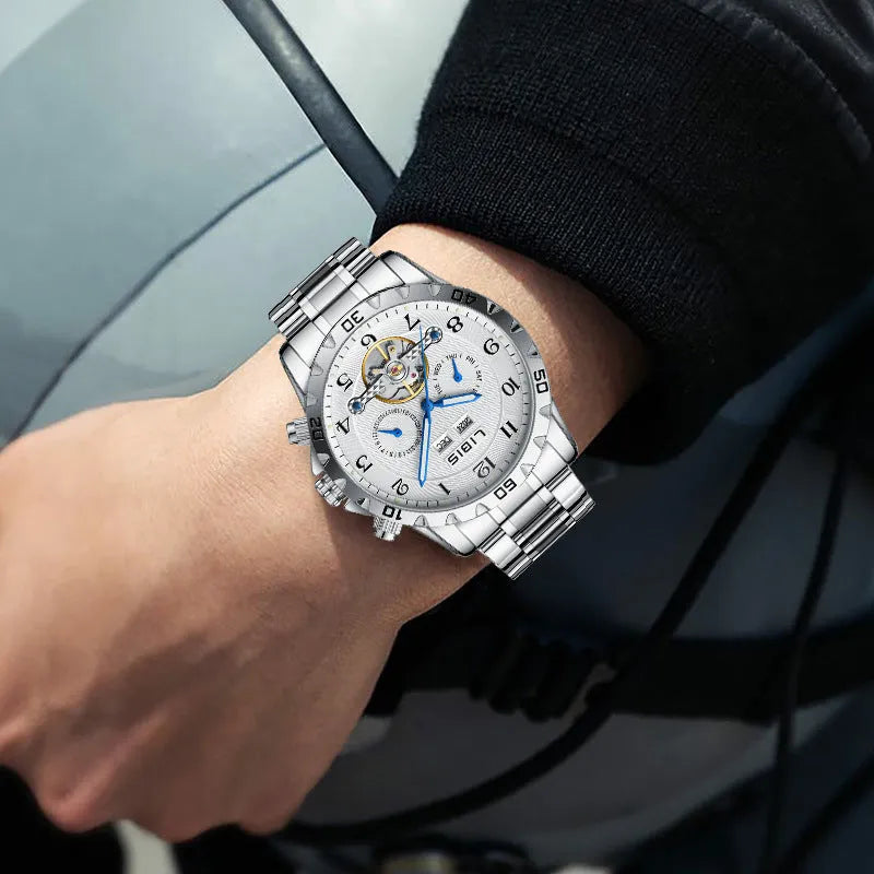 Men's silver steel automatic perpetual calendar mechanical watch with sapphire crystal glass