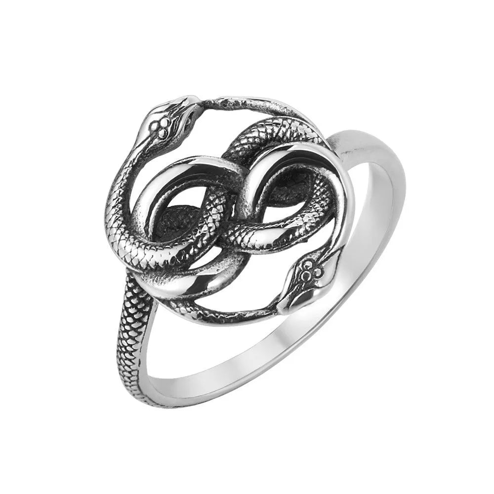 Titanium steel double snake ring with retro styling and steel colour finish