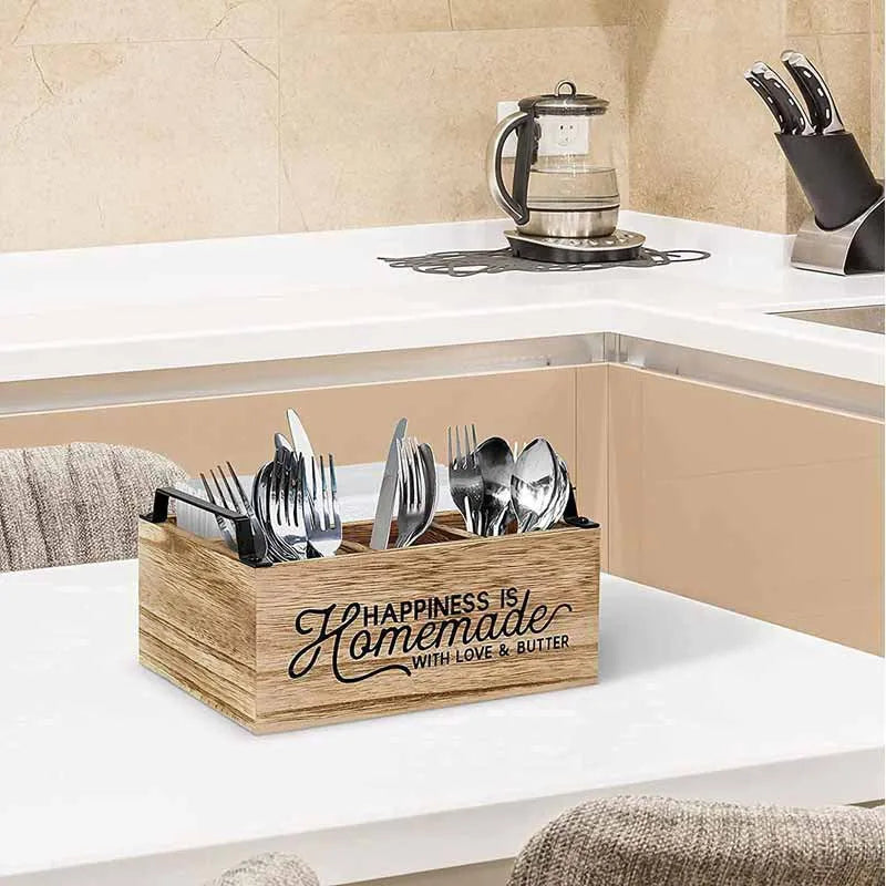 Wooden kitchen storage box with grid divider for organising cutlery and utensils