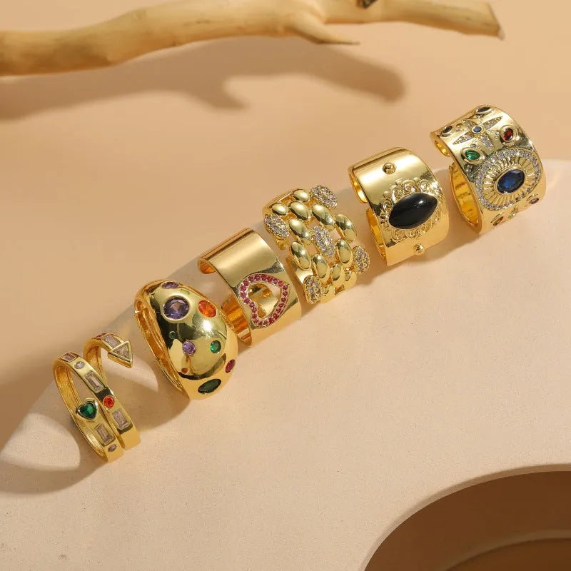 Chinese style geometric zircon ring with electroplated copper construction in antique horse eye black