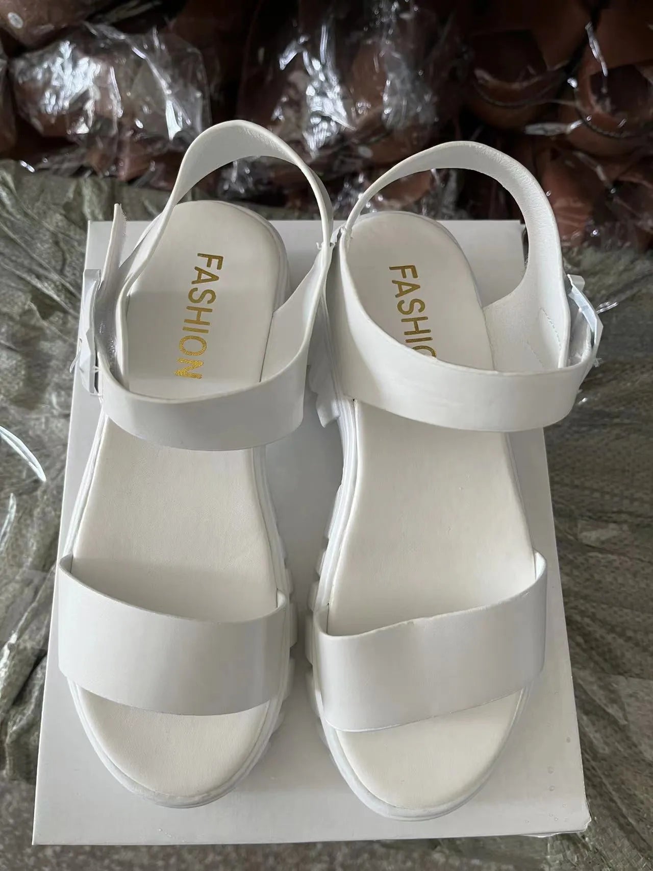 Women's beige peep toe ankle-strap buckle platform sandals with fish mouth toe design