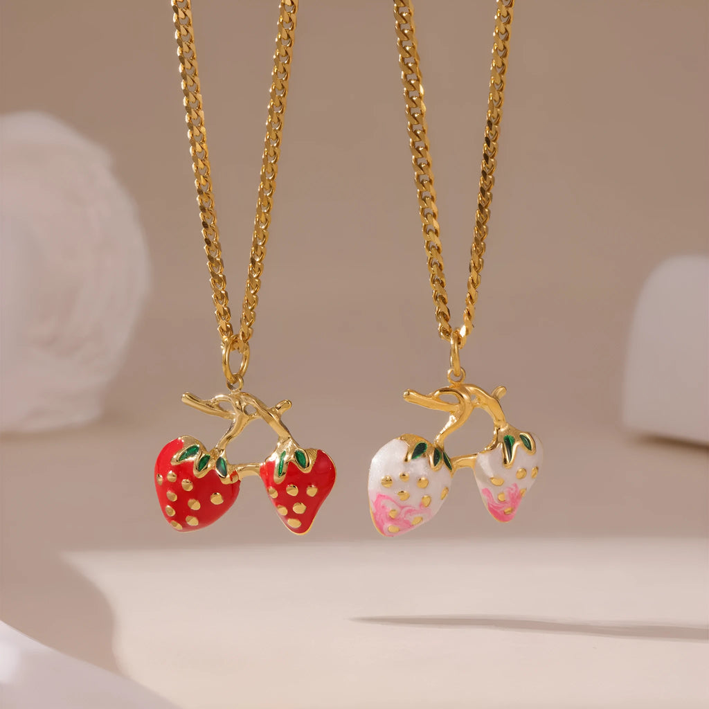 Stainless steel necklace with strawberry fruit pendant in red and white powder gradient colour options