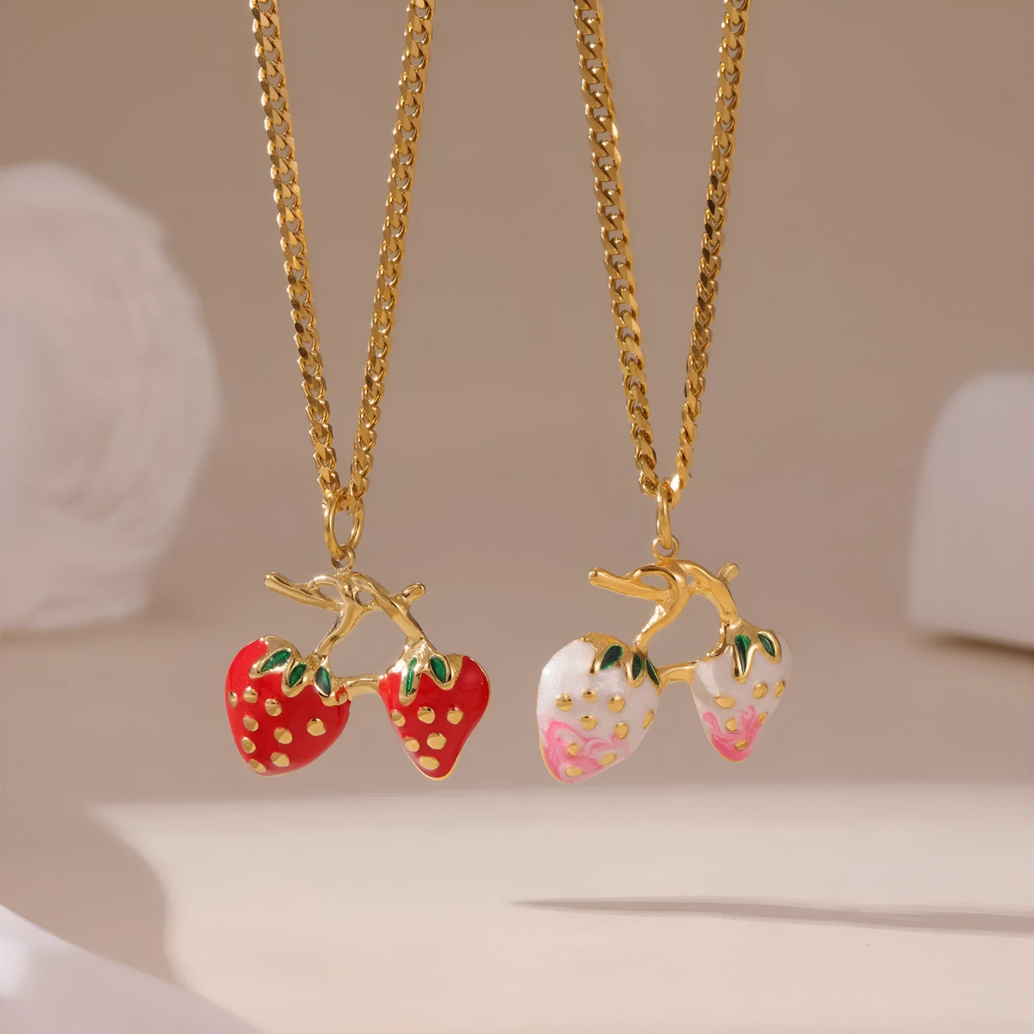 Stainless steel necklace with strawberry fruit pendant in red and white powder gradient colour options