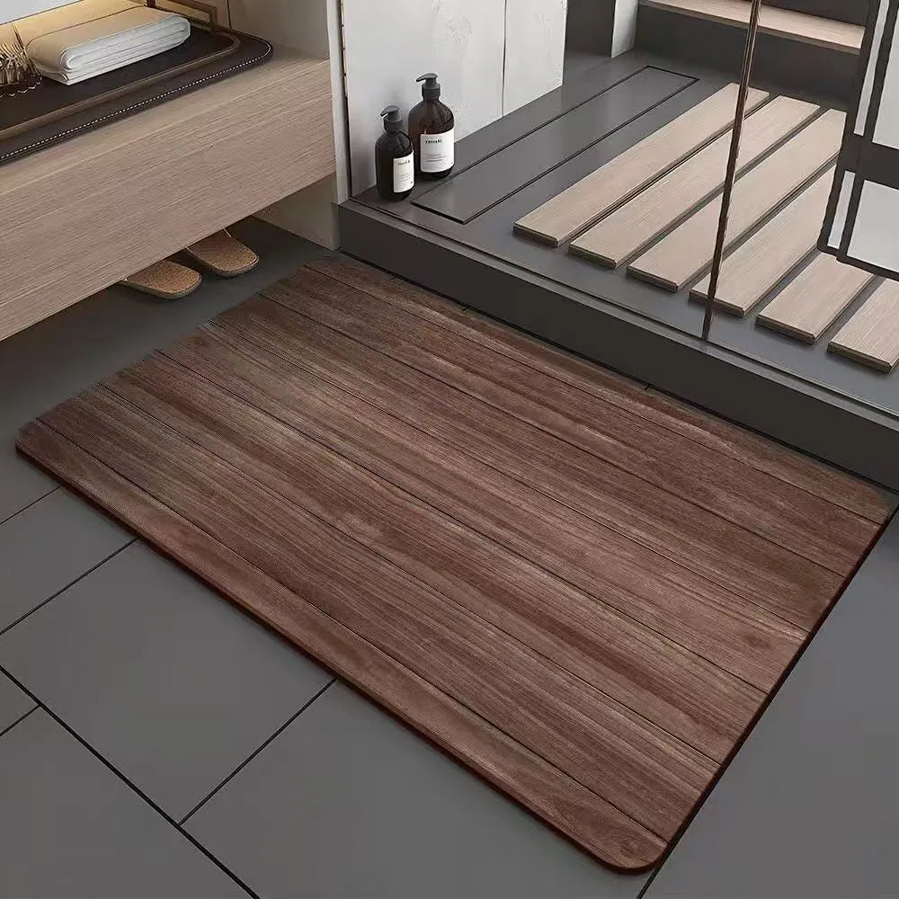 Square diatomite bath mat with a geometric wood grain pattern in a bathroom setting.
