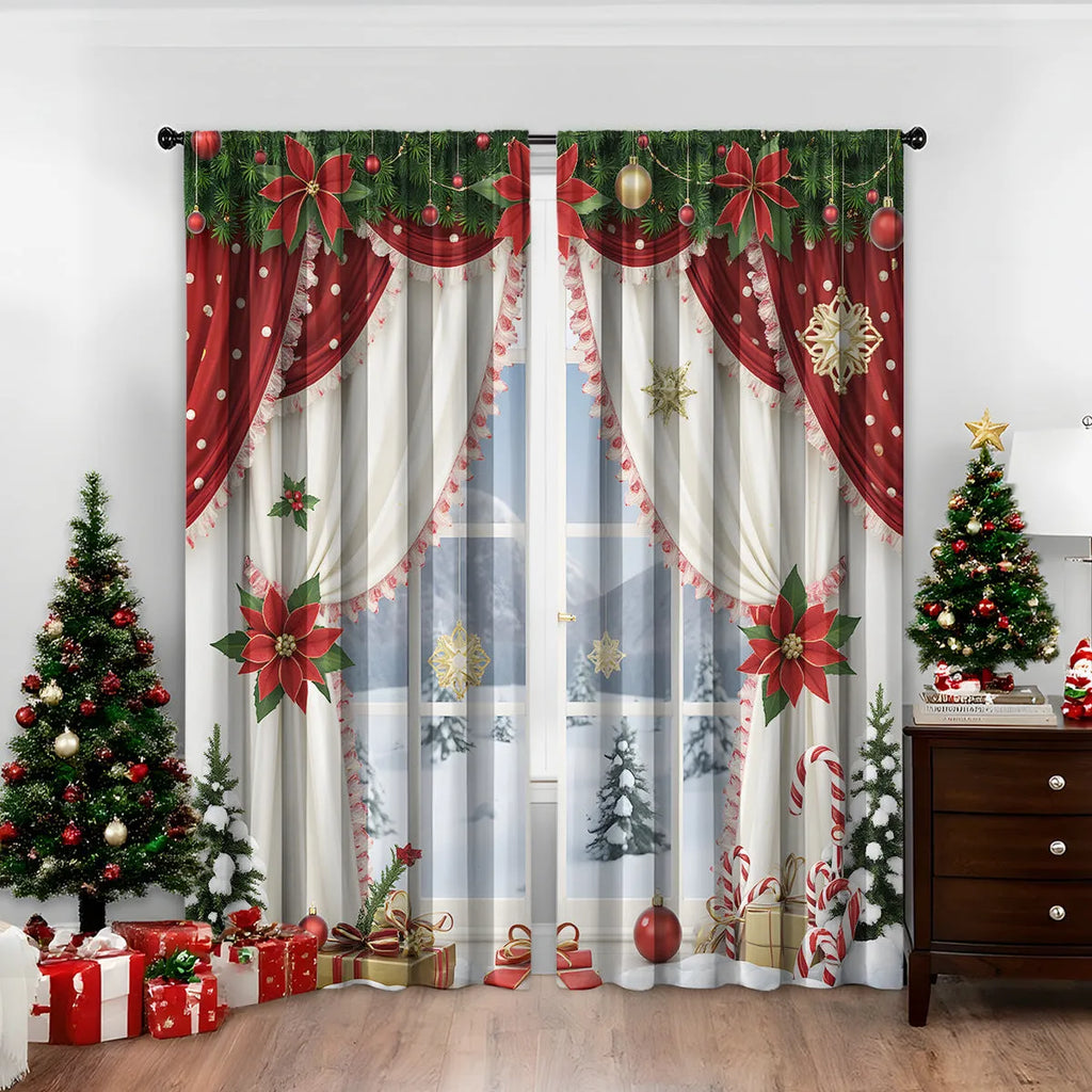 3D printed Christmas curtains with festive designs on polyester fabric, showing European-style patterns
