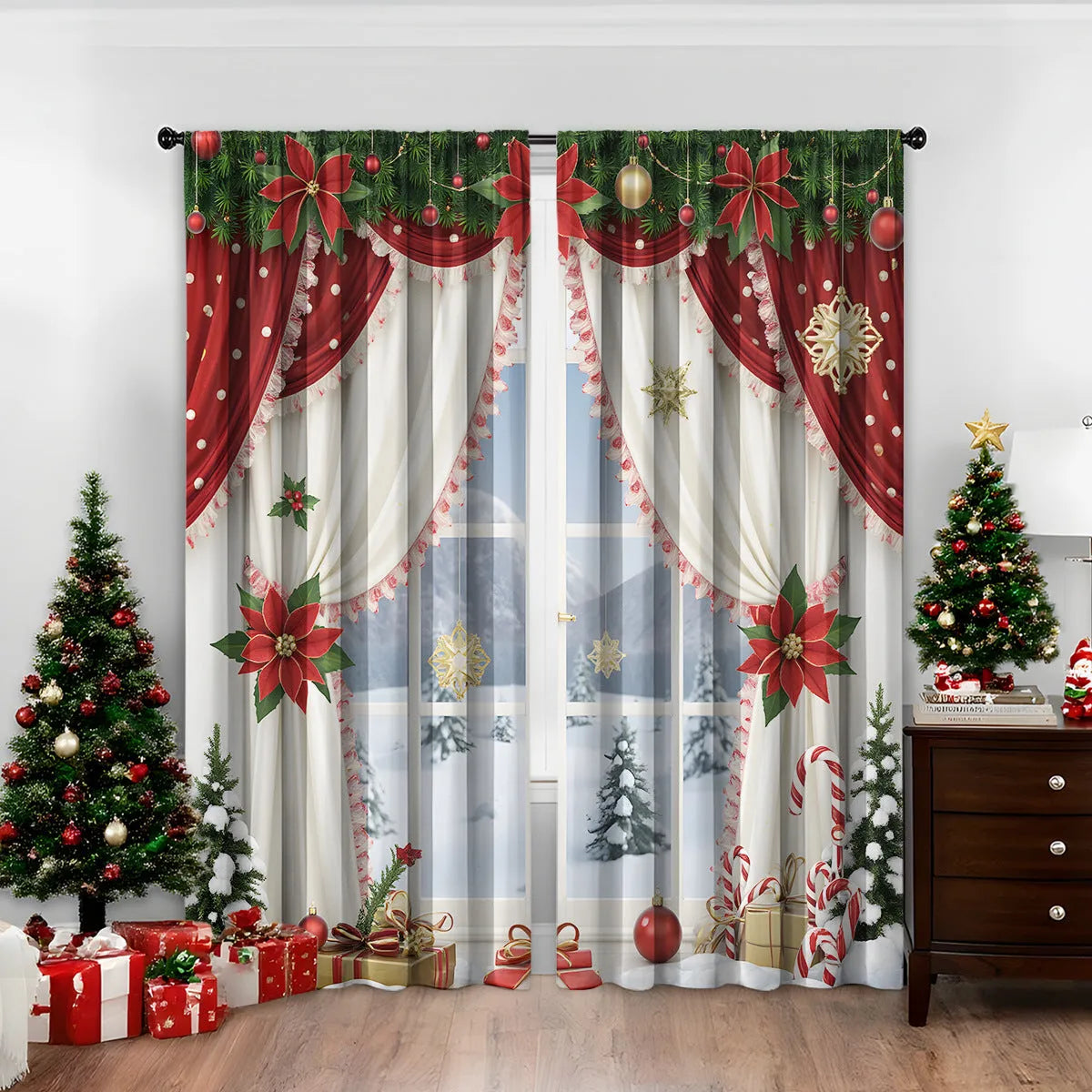 3D printed Christmas curtains with festive designs on polyester fabric, showing European-style patterns