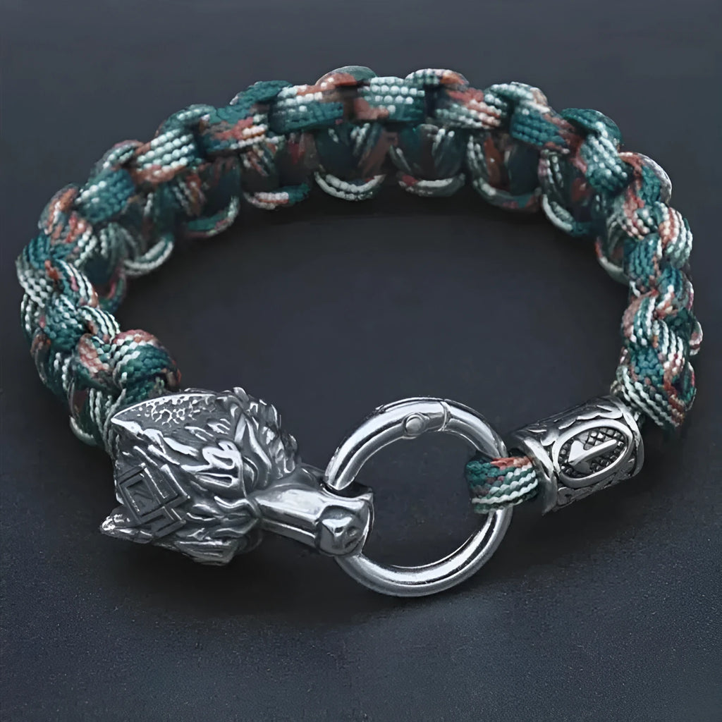 Stainless steel wolf head bracelet with Luen characters in camouflage colour