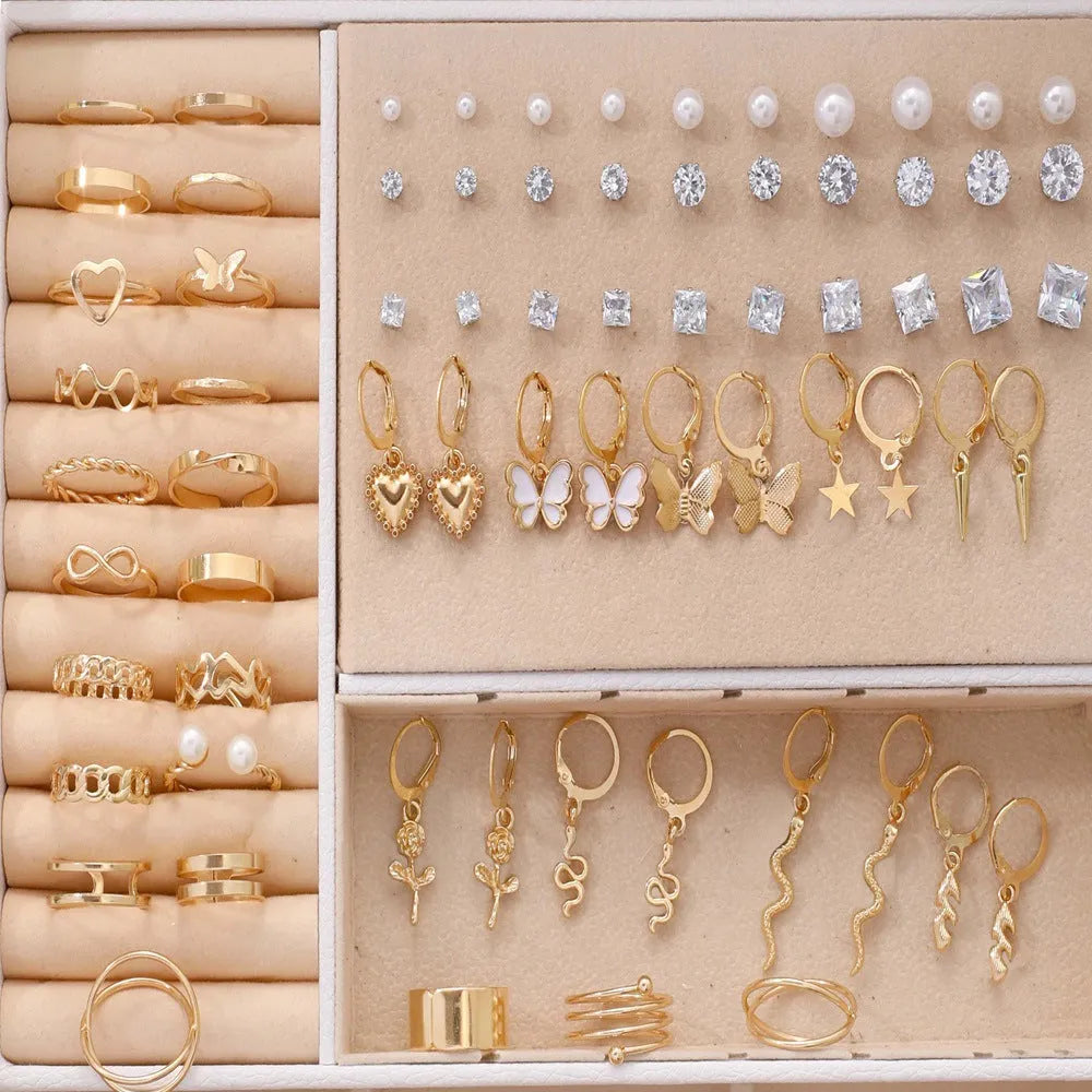Geometric round pearl earrings in gold and yellow electroplated finishes, 108-piece alloy jewellery set