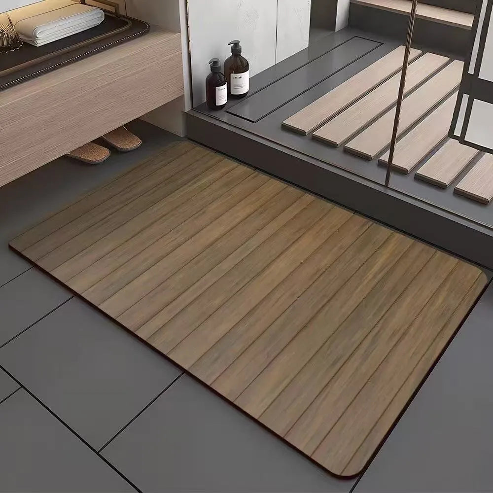 Square diatomite bath mat with a geometric wood grain pattern in a bathroom setting.