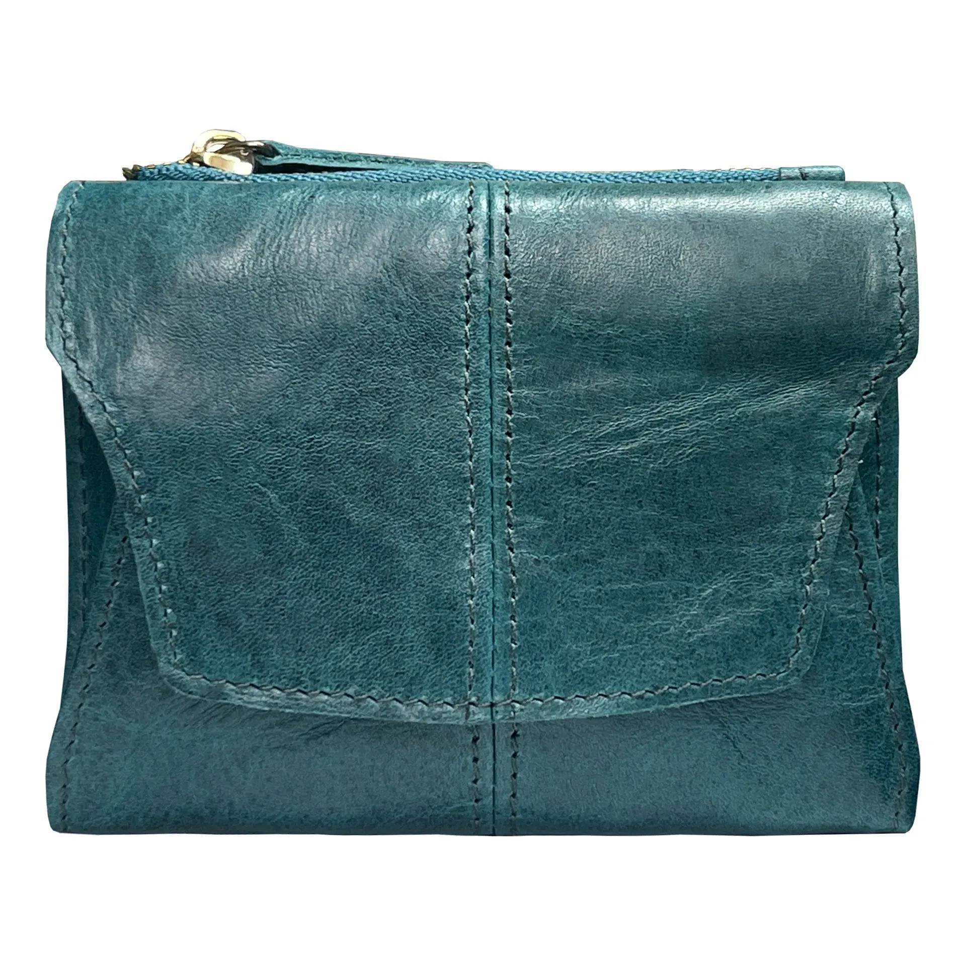Cowhide genuine leather multifunctional coin purse wallet in retro style with stitching details.