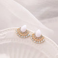 Women's retro fan-shaped earrings with opal and rhinestone details on electroplated silver alloy
