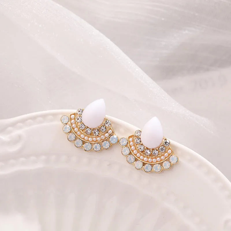 Women's retro fan-shaped earrings with opal and rhinestone details on electroplated silver alloy
