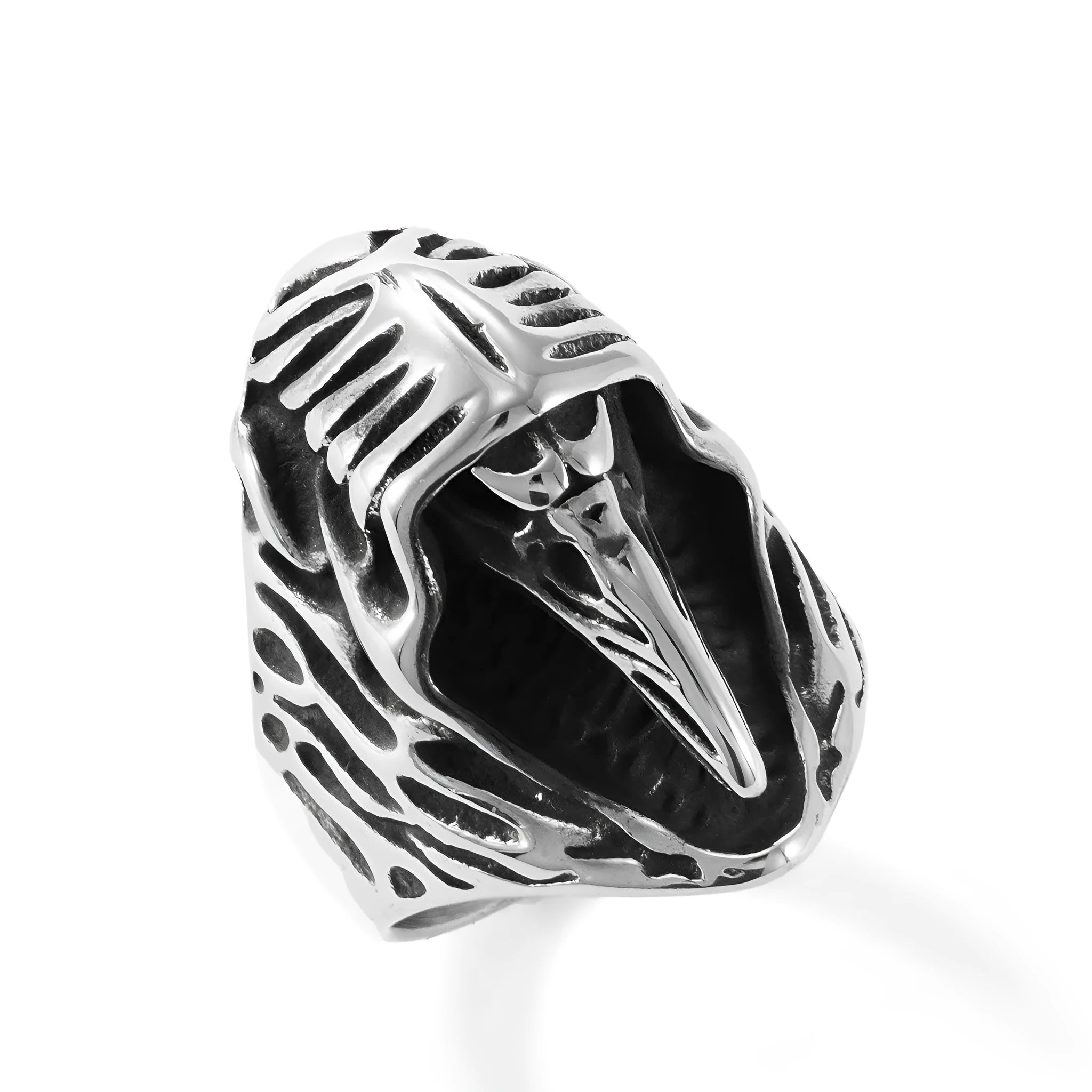 Crow motif geometric titanium steel ring in MR166 colour with retro styling
