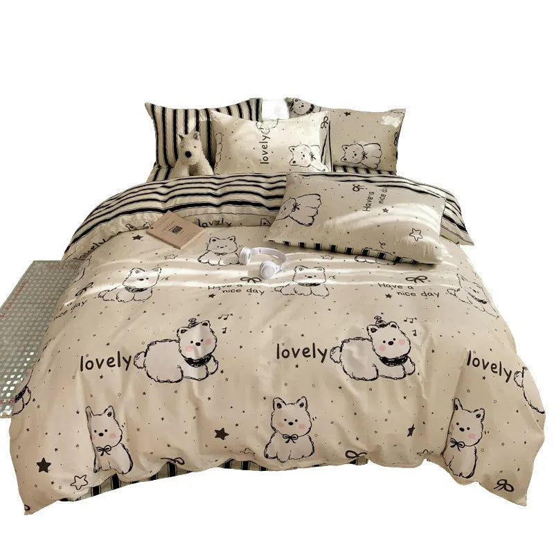 Cartoon dog pattern cotton bedding set with fitted sheet, flat sheet, duvet cover and pillowcases