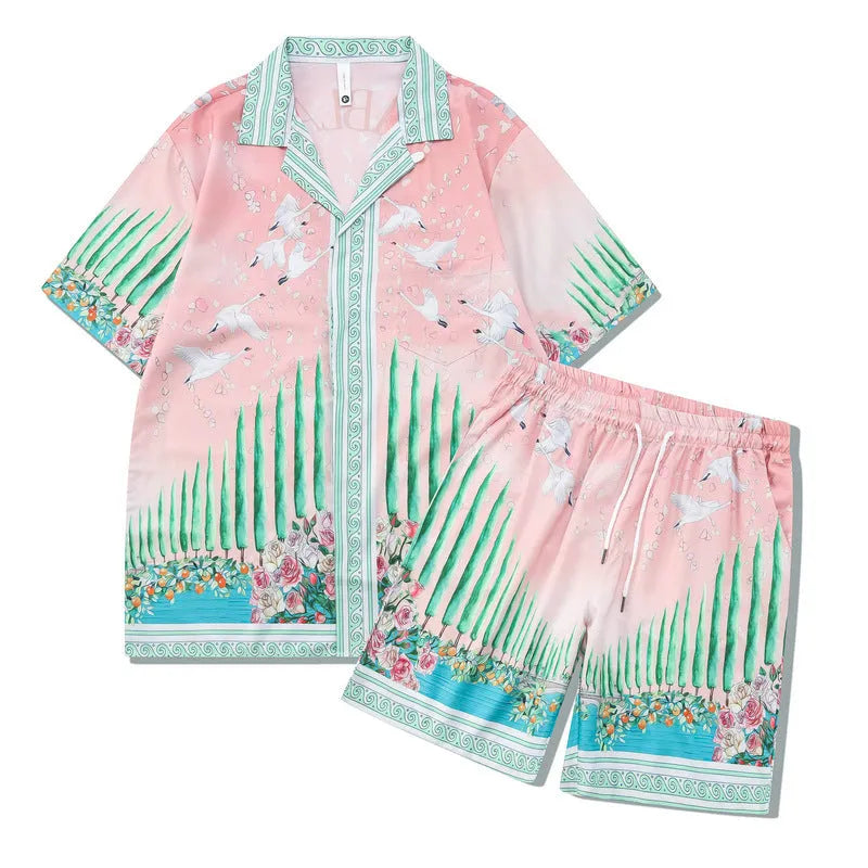 Men's and women's plaid beach shirt outfit with matching trousers in polyester fabric
