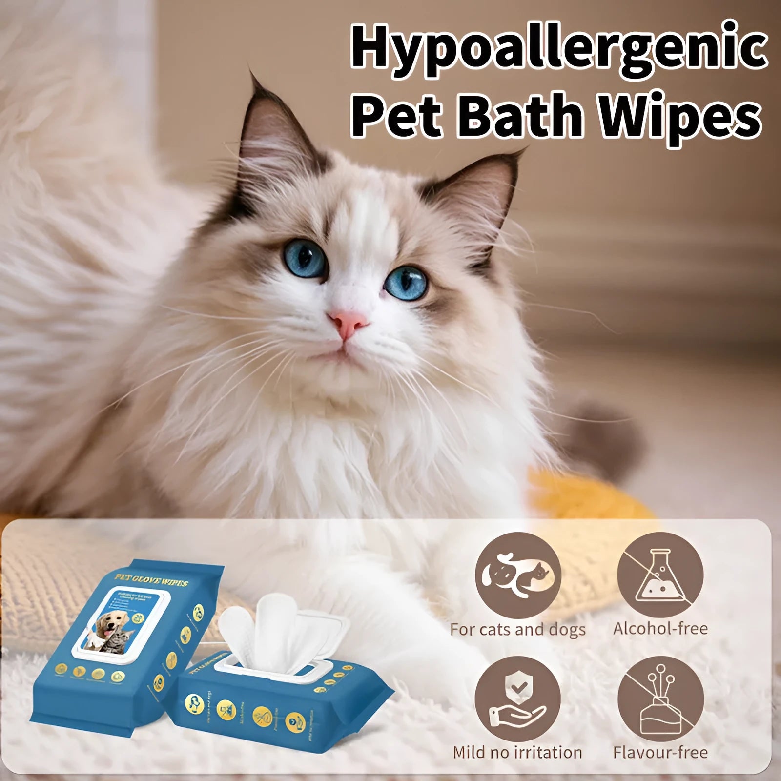 Pack of disposable wash-free pet gloves for cat and dog bathing and cleaning