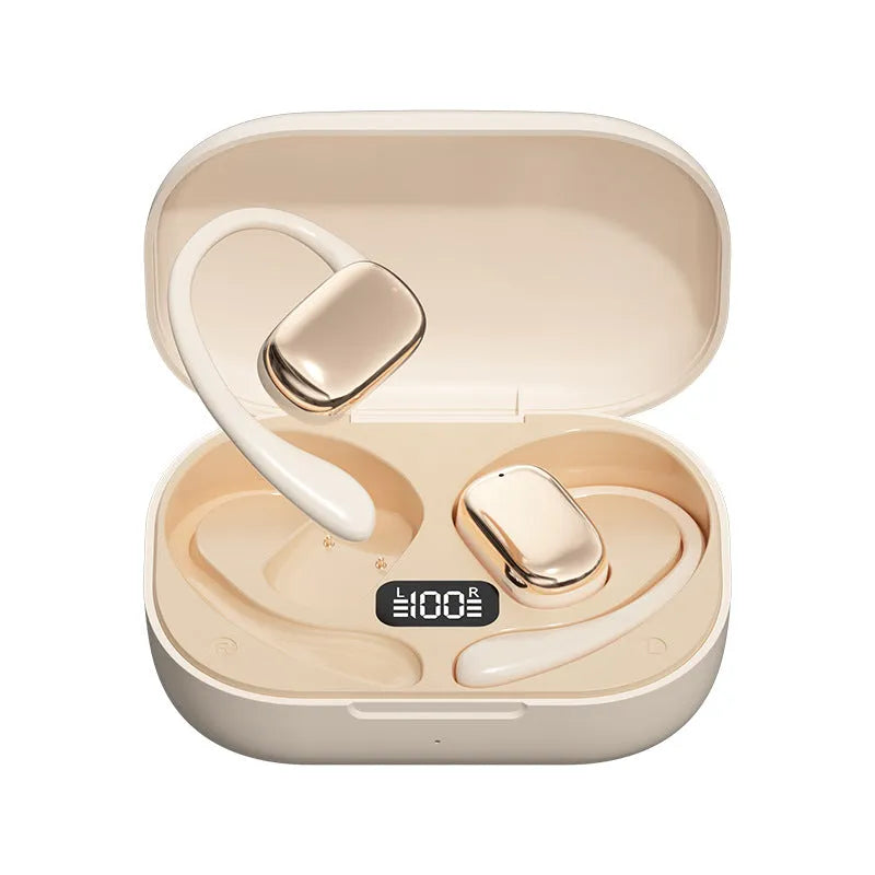 Ear-mounted wireless headphones with digital display screen in black, skin colour, or white colours