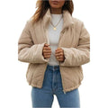 Apricot-coloured women's corduroy jacket with a stand collar and front zipper.