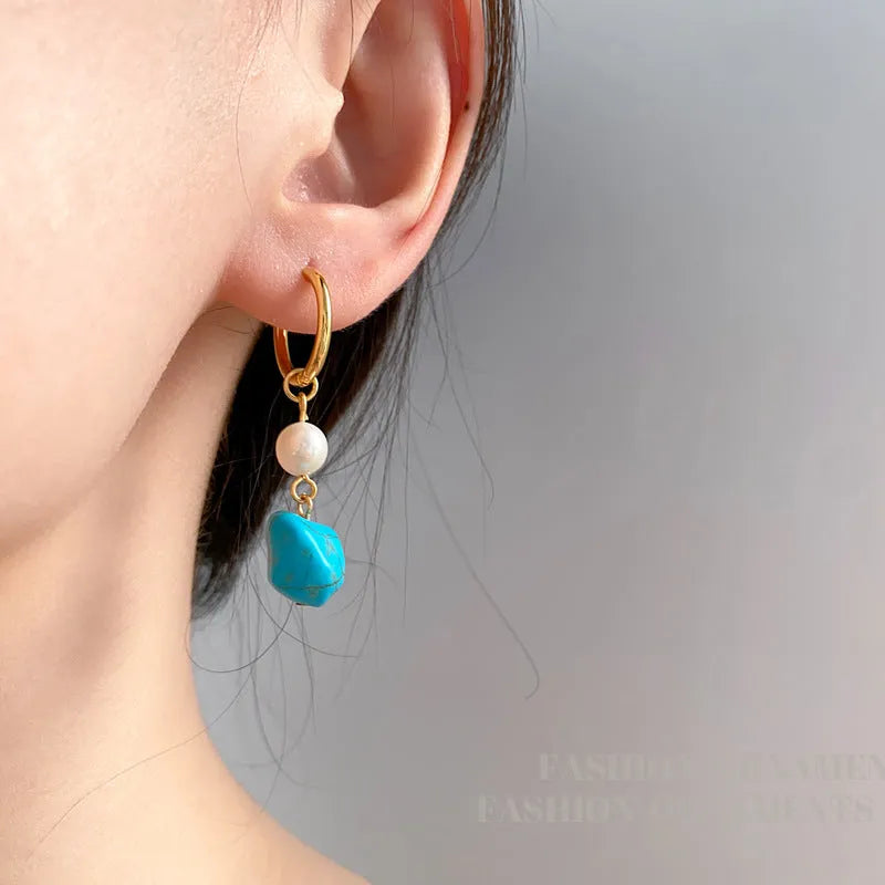 Irregular geometric turquoise and cultured pearl earrings with ear clip backings