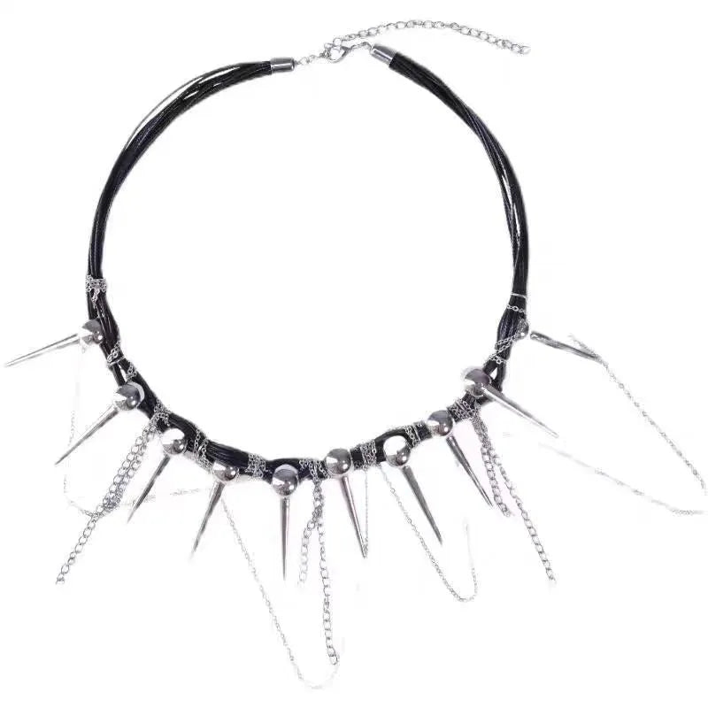 Women's rivet round beads winding tassel necklace with leather cord and electroplated brass accents.