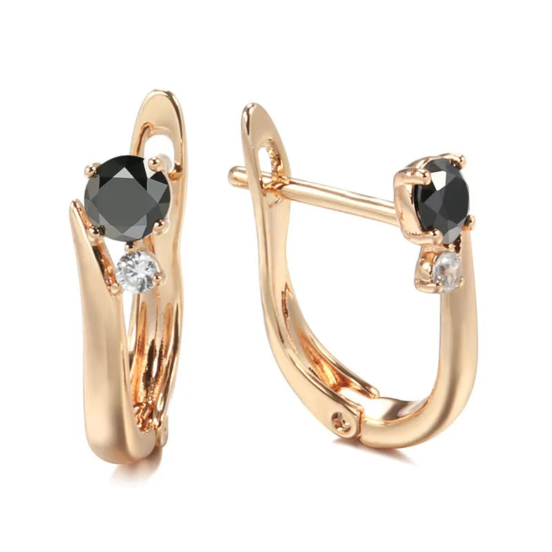 Gold plated black agate drop earrings with geometric retro design for women