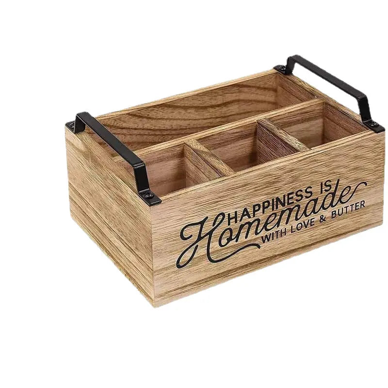 Wooden kitchen storage box with grid divider for organising cutlery and utensils