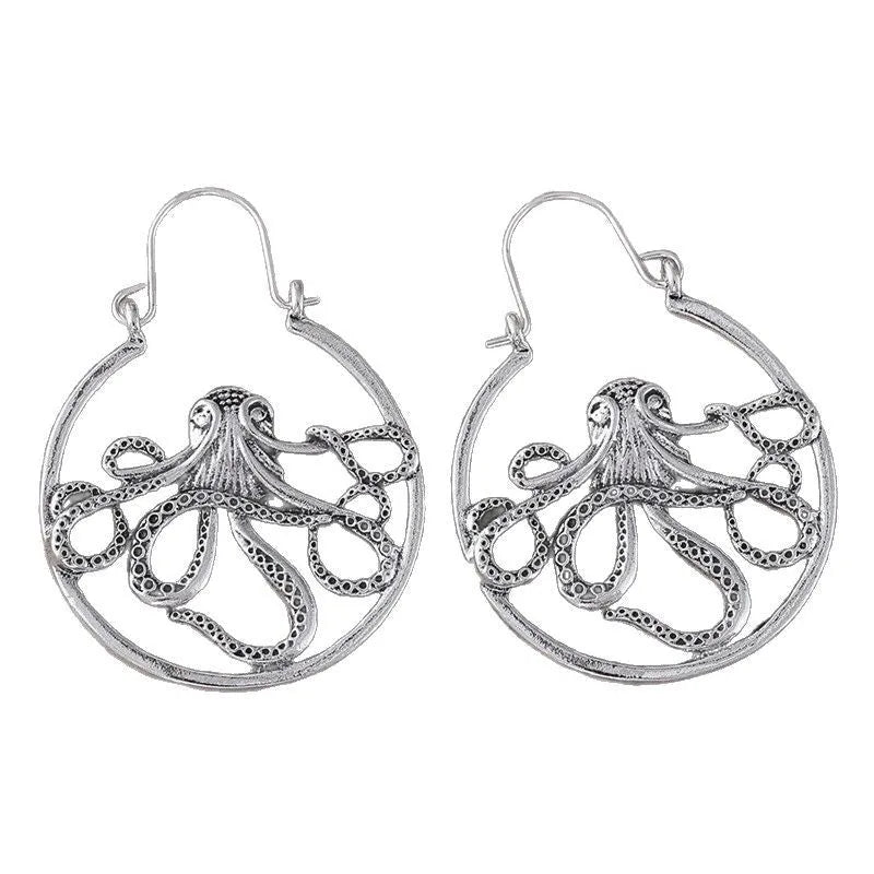 Antique silver octopus earrings with retro animal design and zinc alloy construction