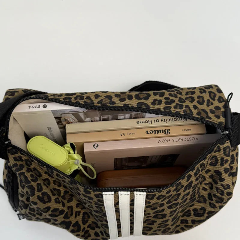 Large capacity leopard print cloth messenger bag with cross-body strap